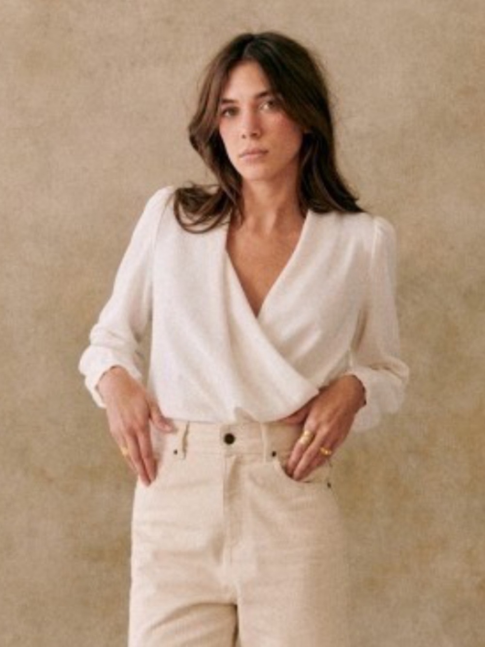 Sezane Cream Wrap Blouse - Soft V-Neck Long Sleeve